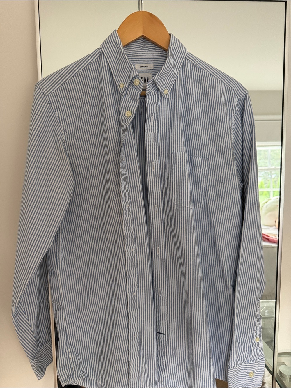 GAP Men's Classic Blue and White Striped Button-Down Oxford Shirt